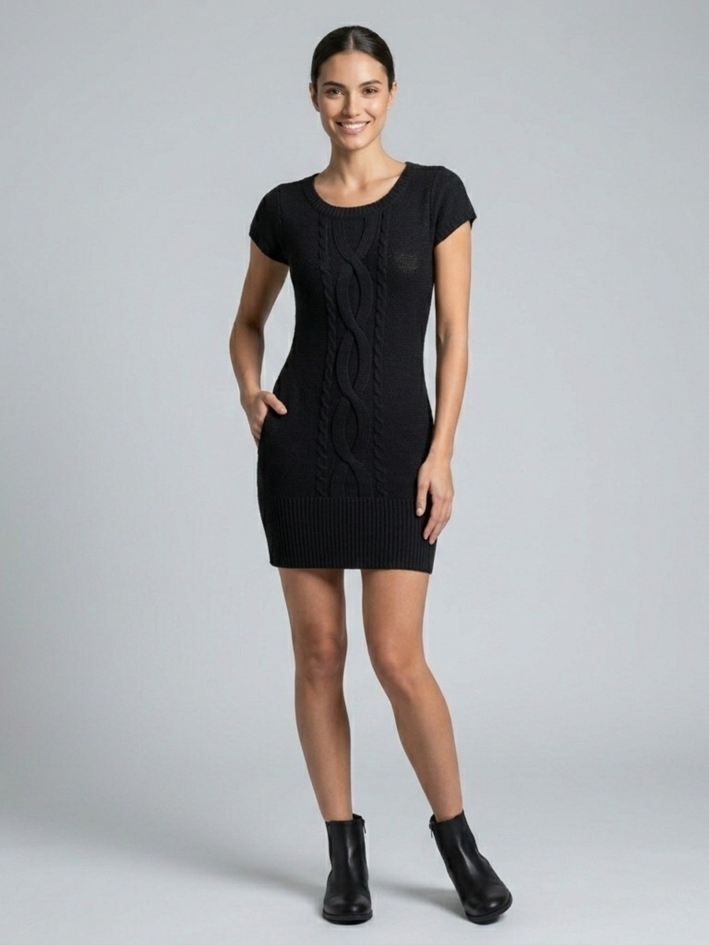 Lei Black Vintage Knit Short Sleeve Mini Sweater Dress